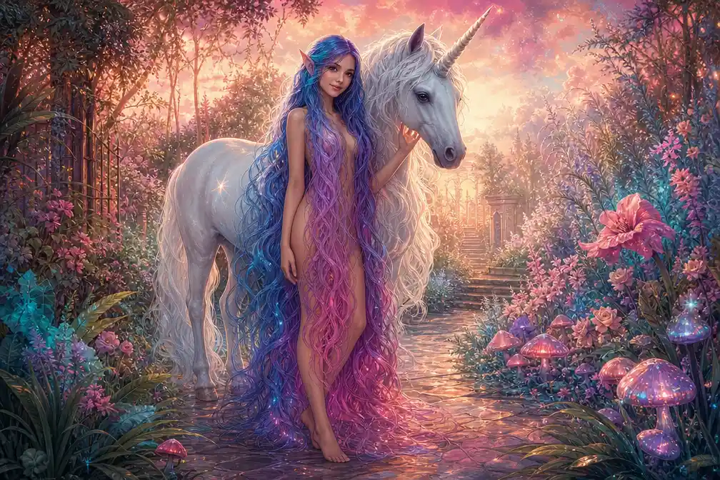 Elf girl with unicorn in a glowing enchanted garden