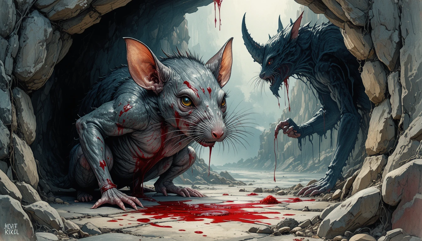 Bloody vampire bat hanging to rest inside a dark cave