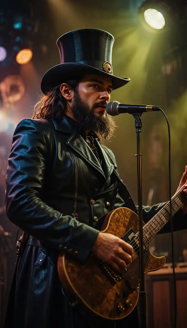Bearded rocker playing guitar on stage in smoky lounge