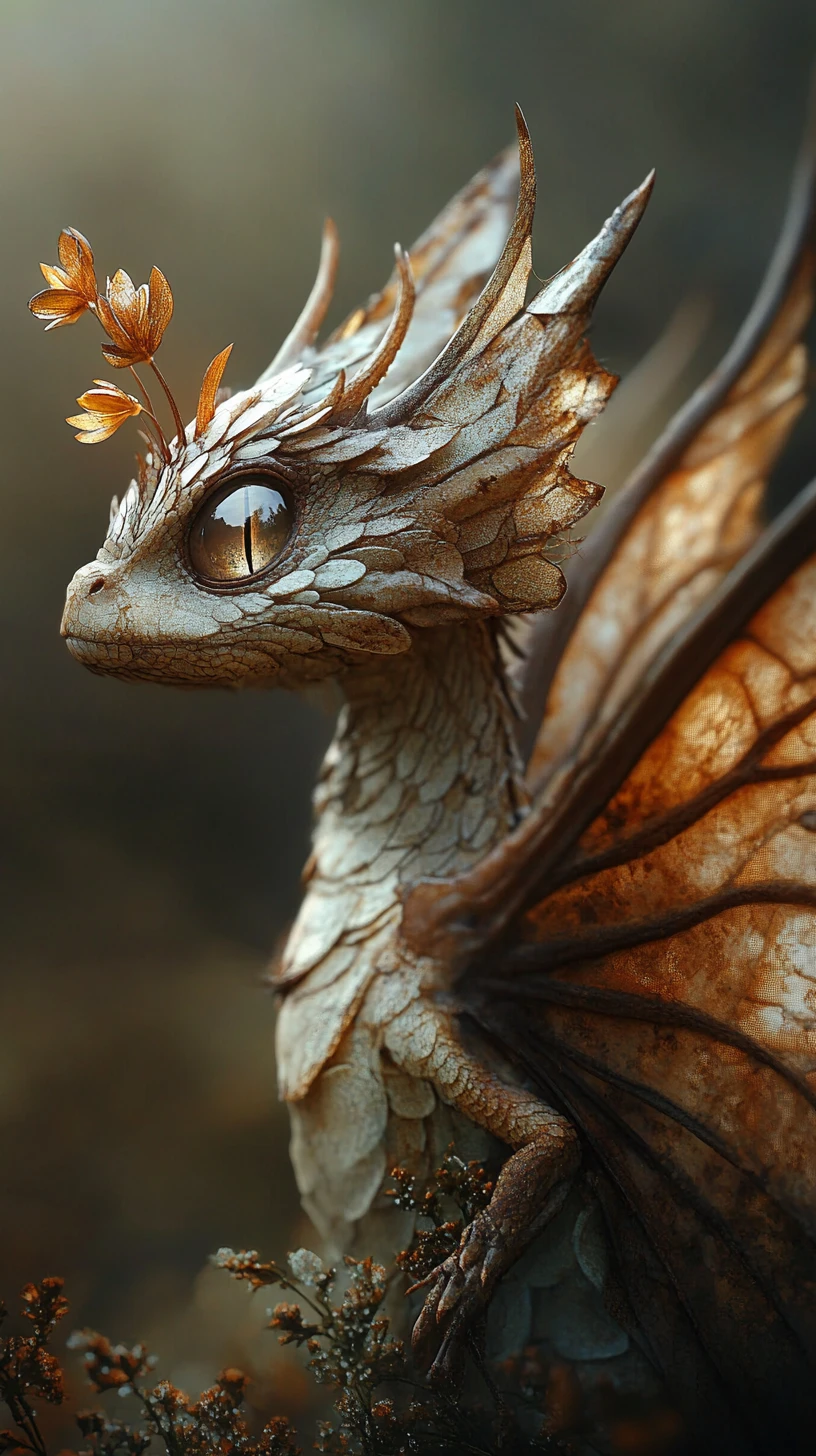 Small moth winged dragon with decaying petals and flowers