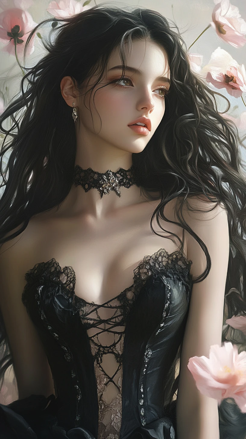 Dark romantic girl in black lace among pink poppies