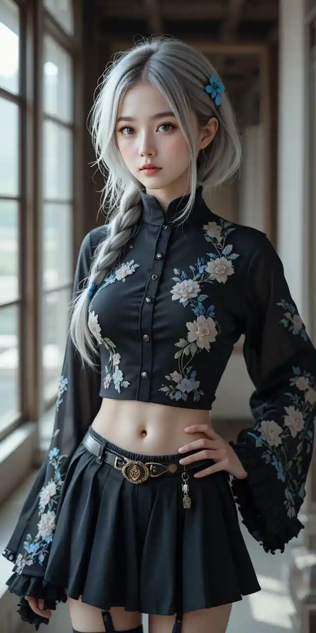 Anime girl in black outfit gazing into the distance