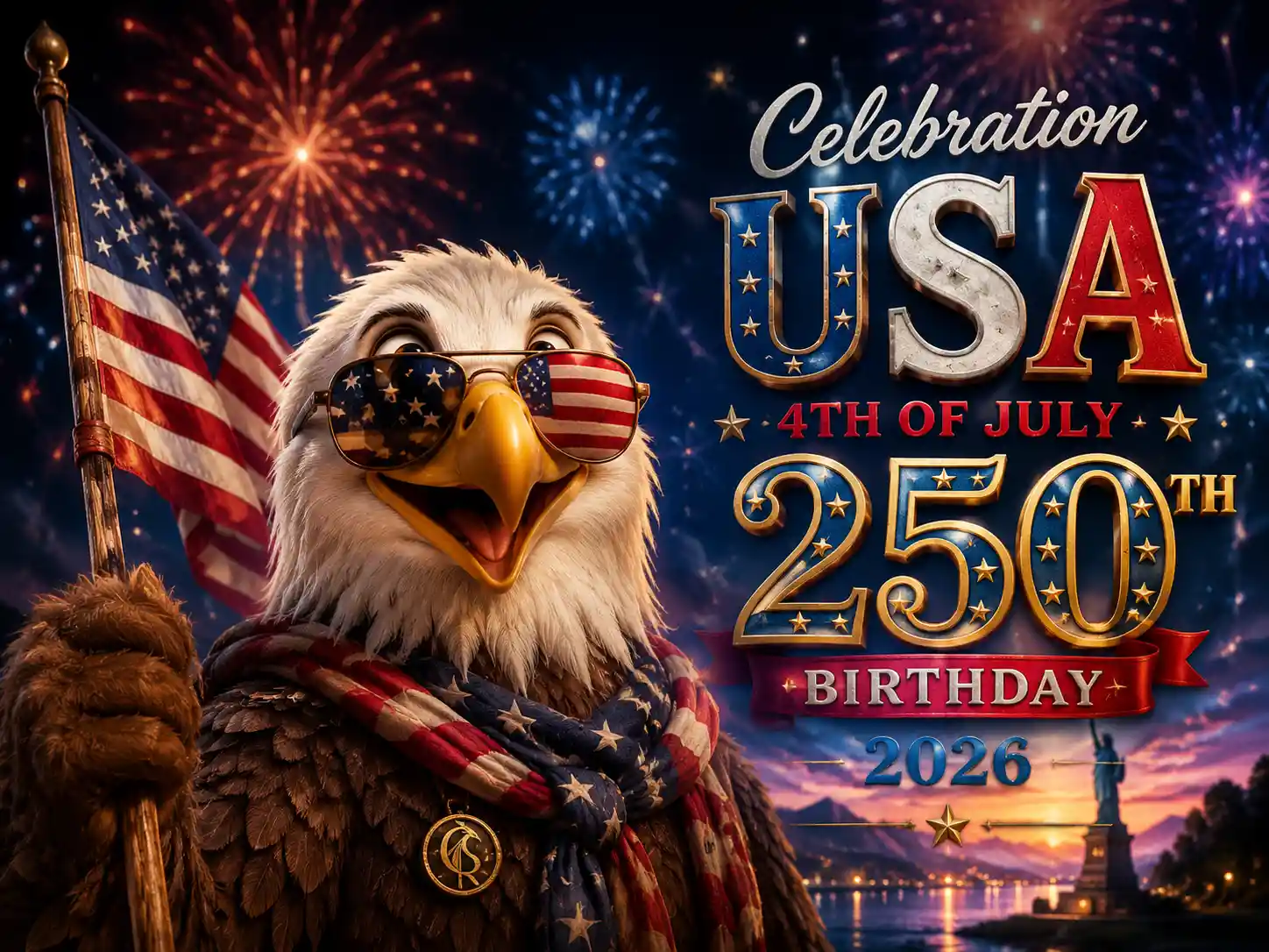 Friendly bald eagle with american flag and fireworks