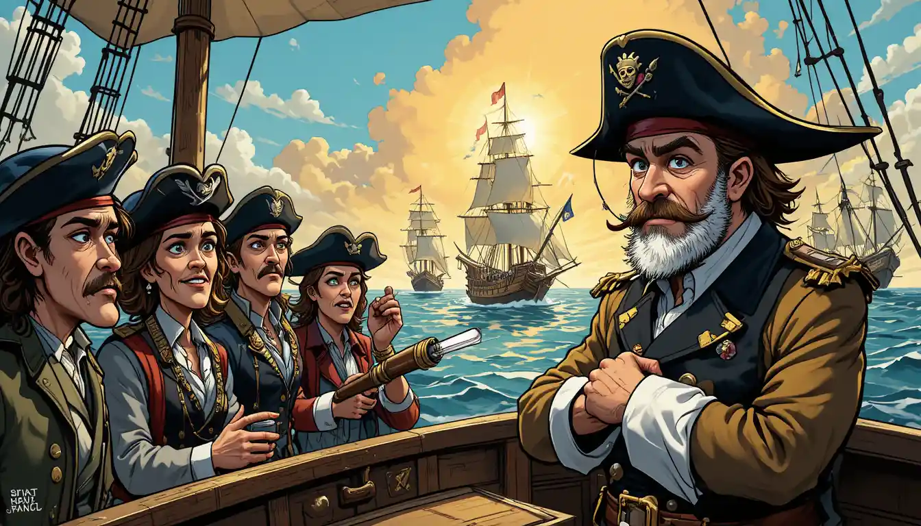 Pirate ships closing in on a lone crew at sea
