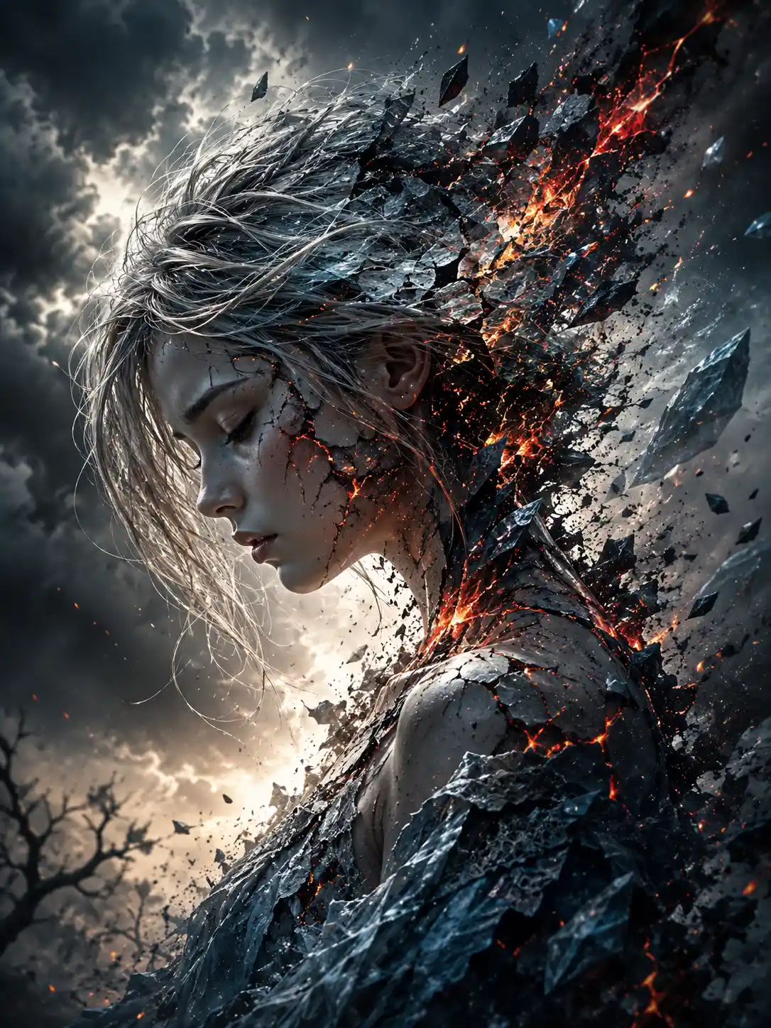 Silver haired girl dissolving into fire and ice chaos