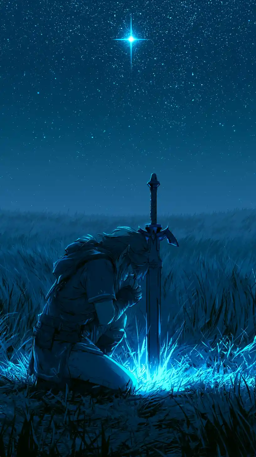 Fantasy warrior kneeling by a glowing sword under stars