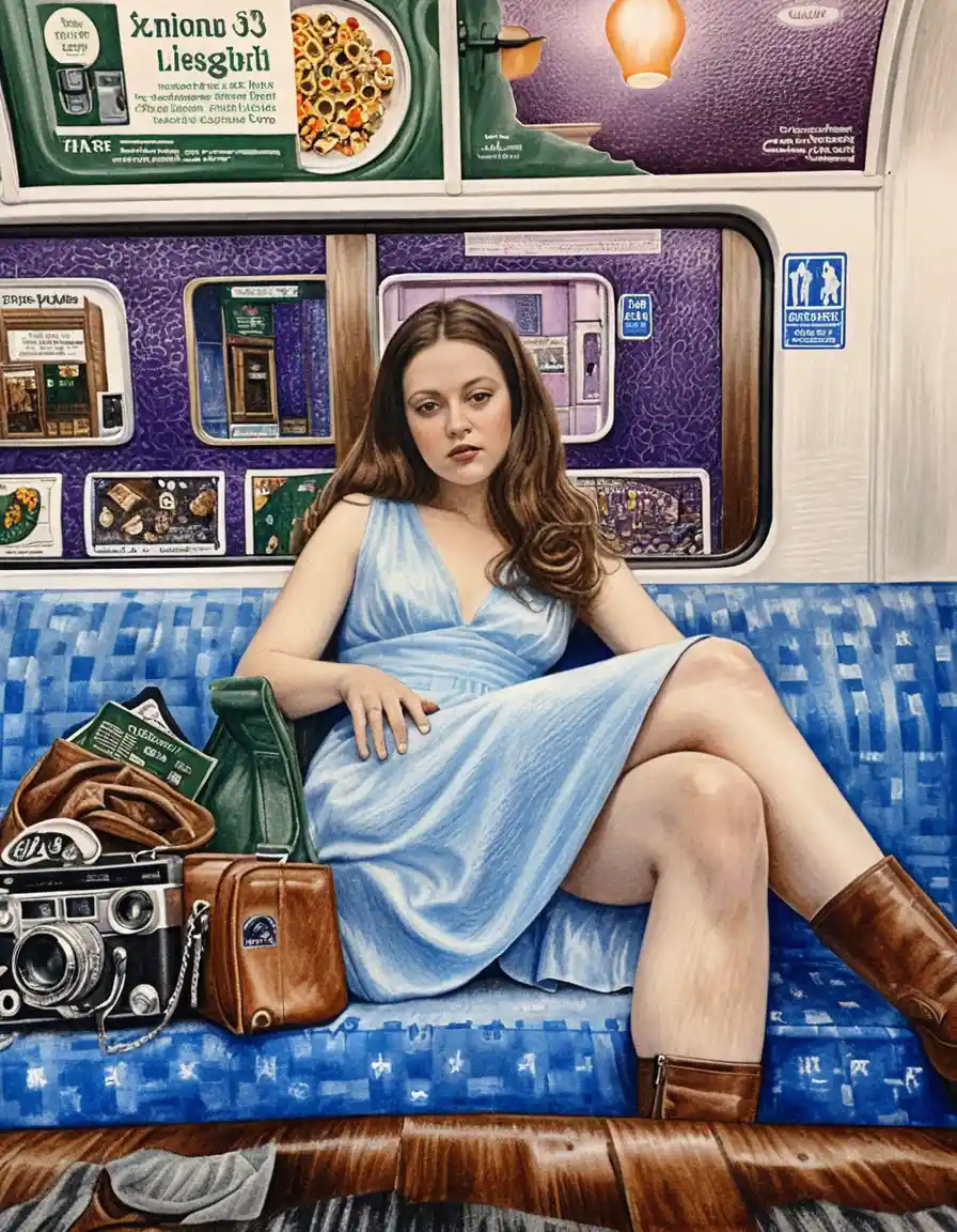 Young woman on London Underground seat in pencil illustration