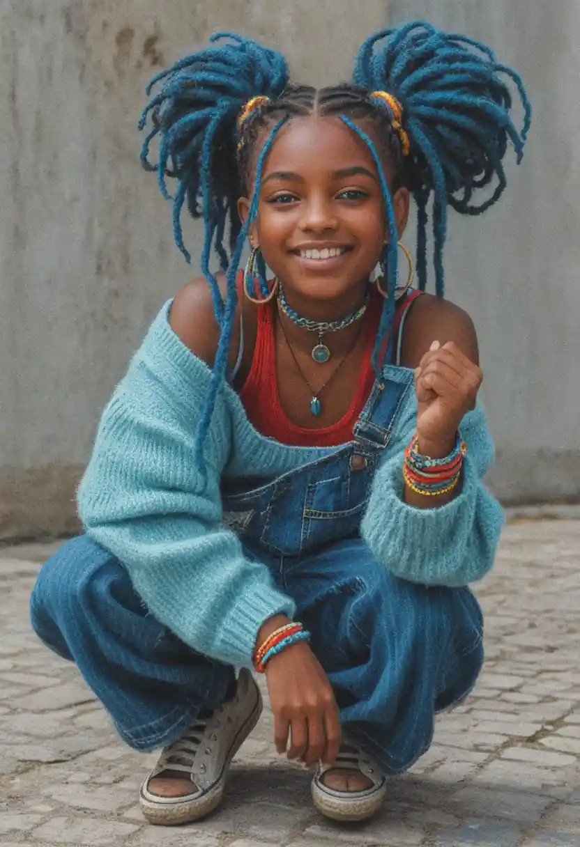 Playful girl with blue dreadlocks crouching on a paved street