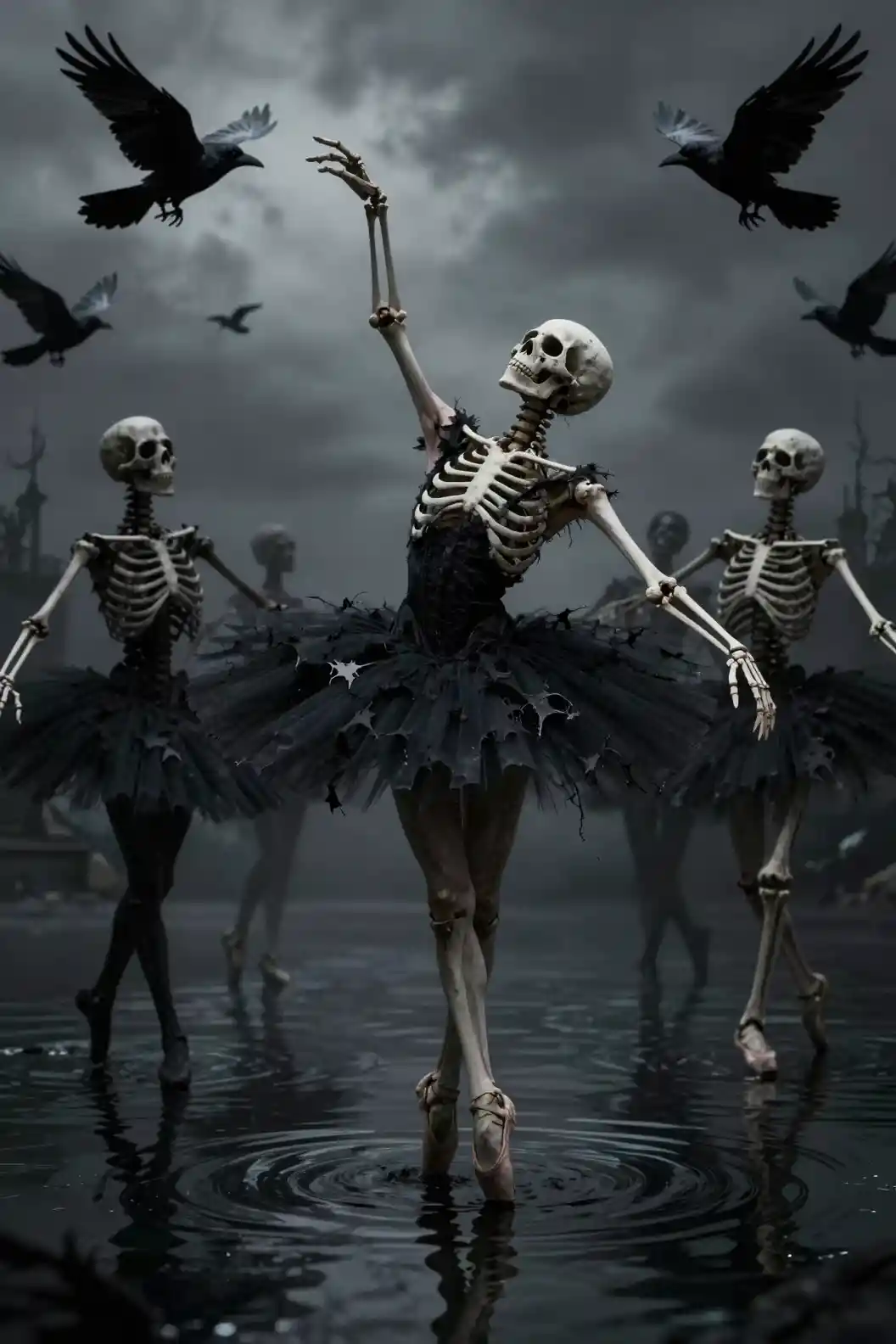 Macabre skeletal ballet dancer in a dark gothic landscape
