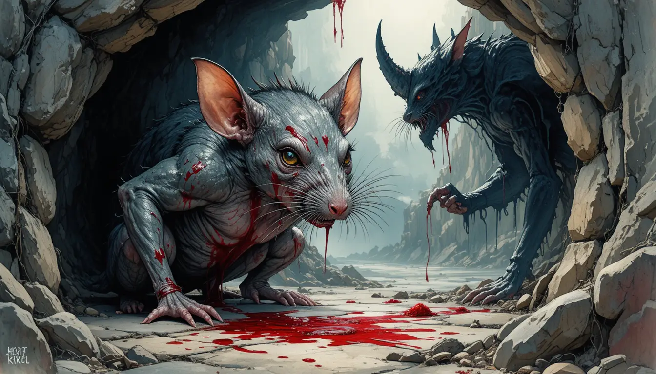 Bloody vampire bat hanging to rest inside a dark cave
