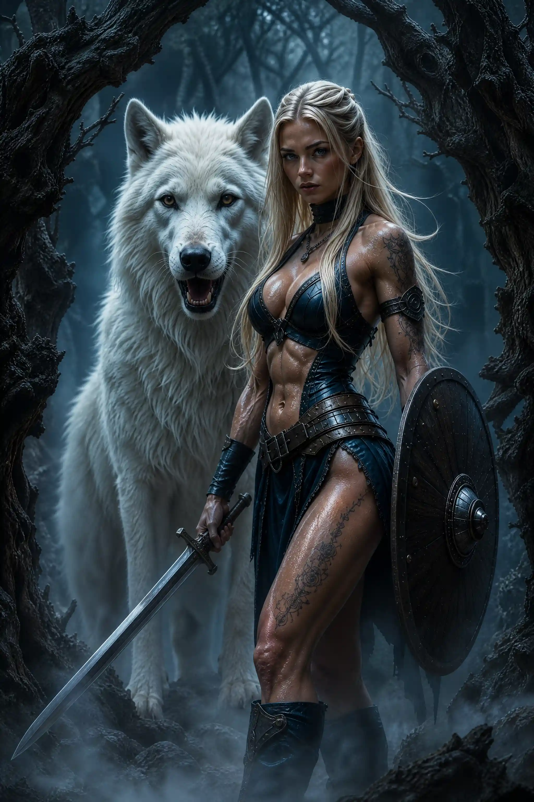 Slender tattooed warrior woman with white wolf in forest