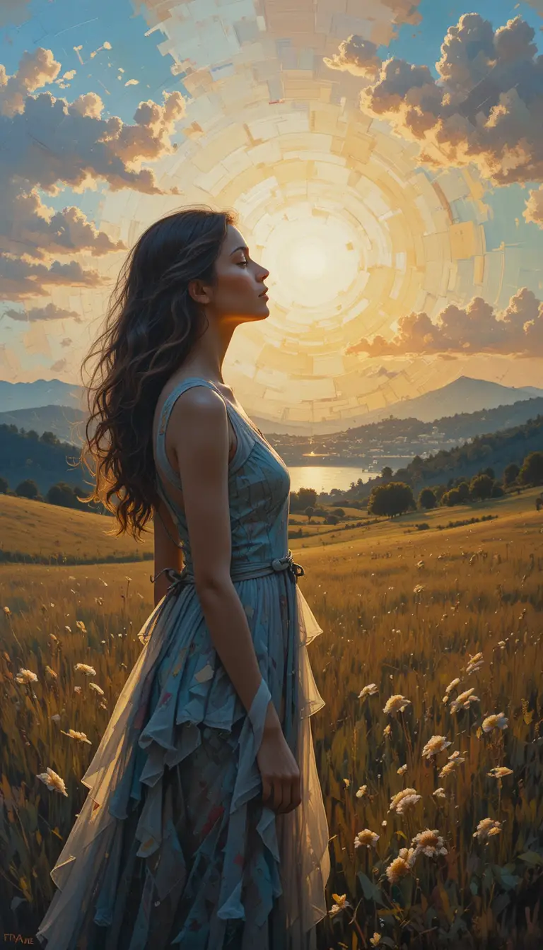 Abstract close up of young woman at sunrise in field