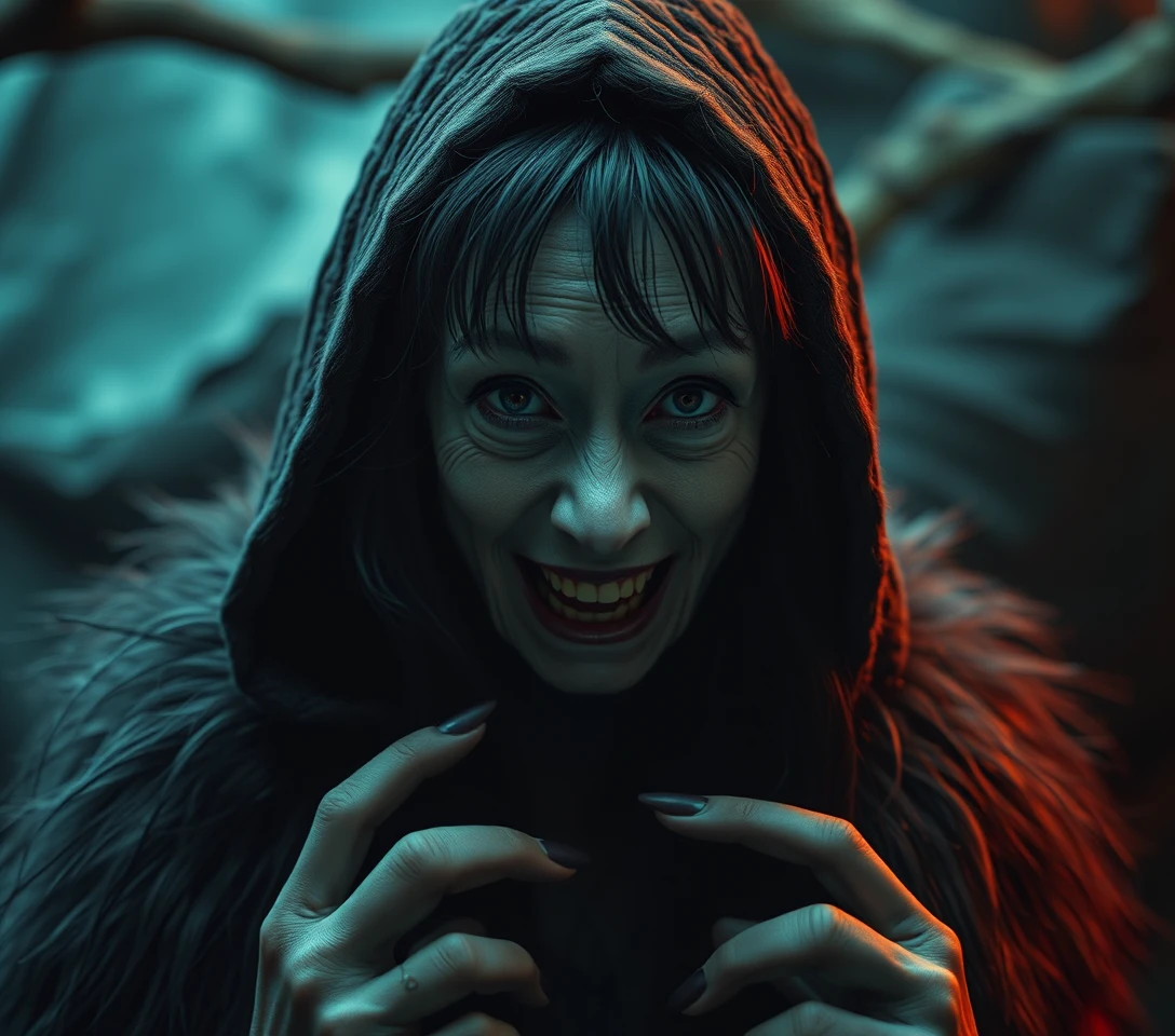 Surreal comic horror witch in dramatic cinematic lighting