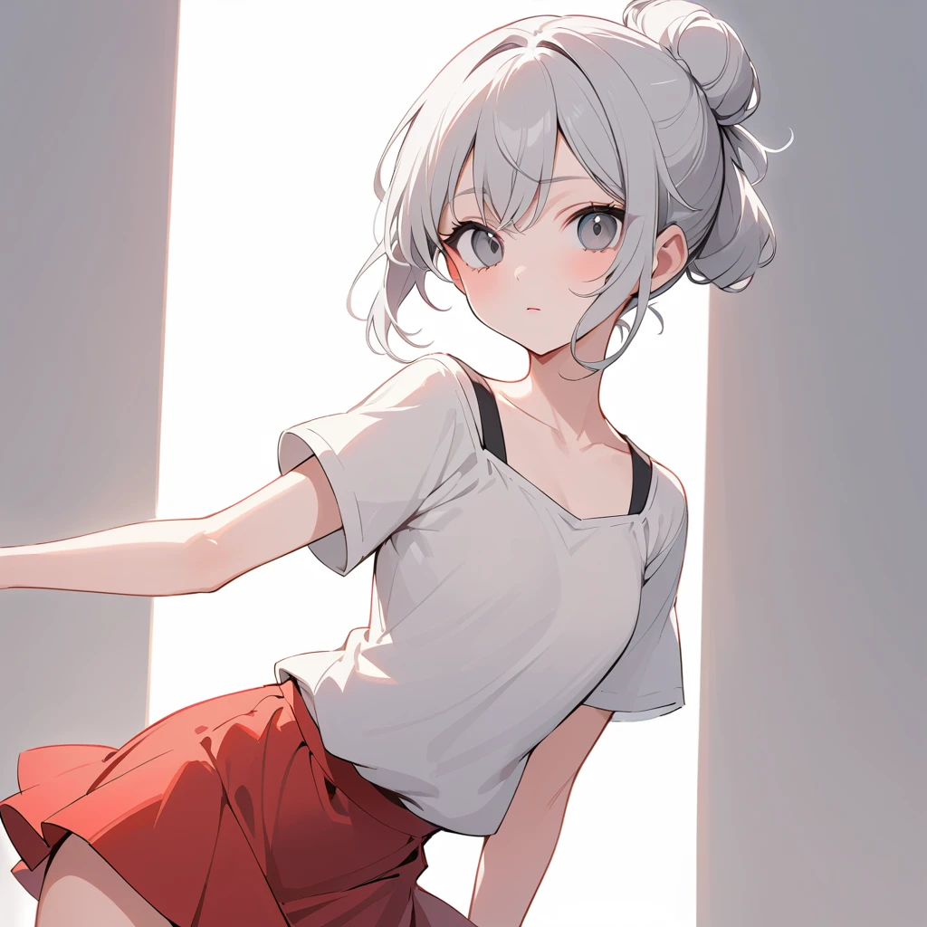 Young woman in red skirt and white top standing confidently
