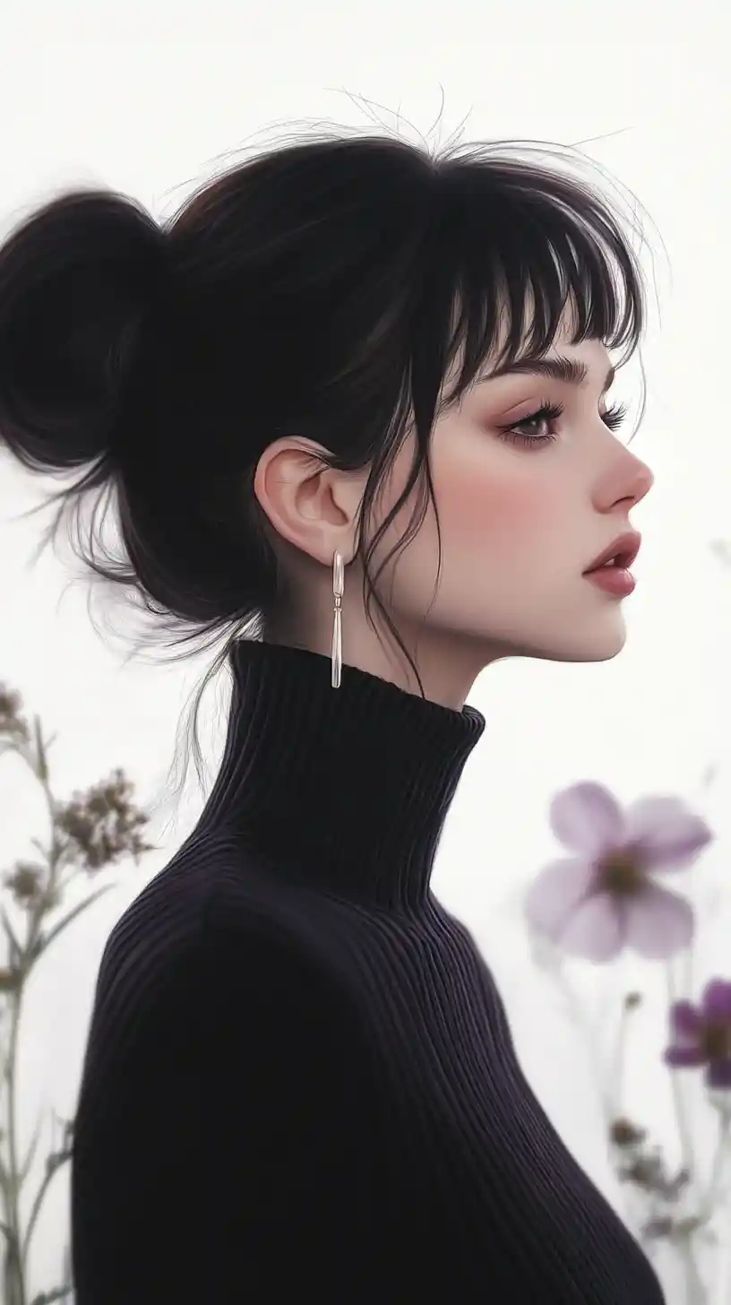 Melancholic anime girl in profile with abstract floral shapes