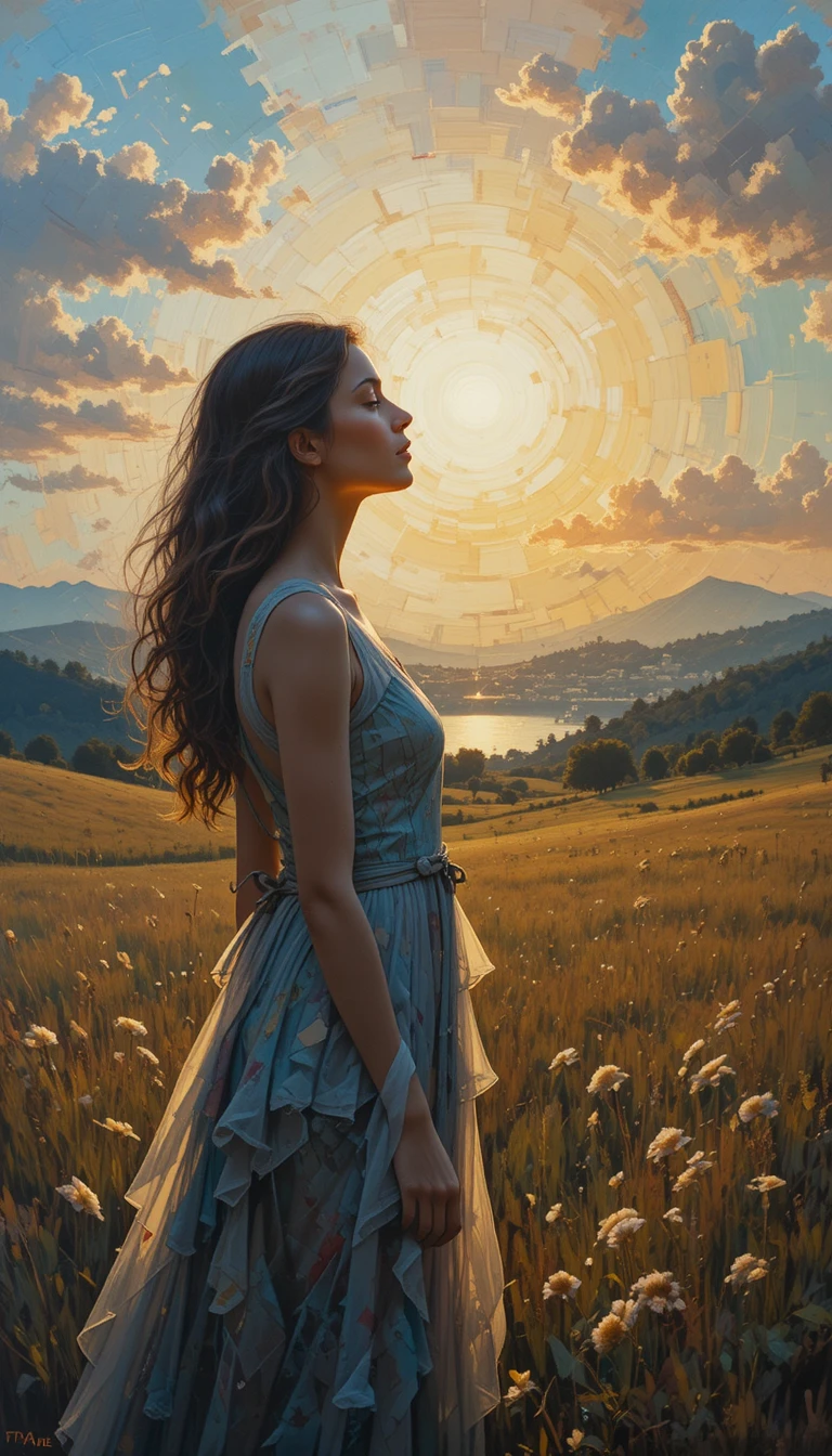 Abstract close up of young woman at sunrise in field
