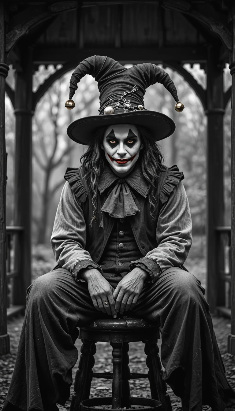 Melancholic jester under a rustic gazebo in monochrome