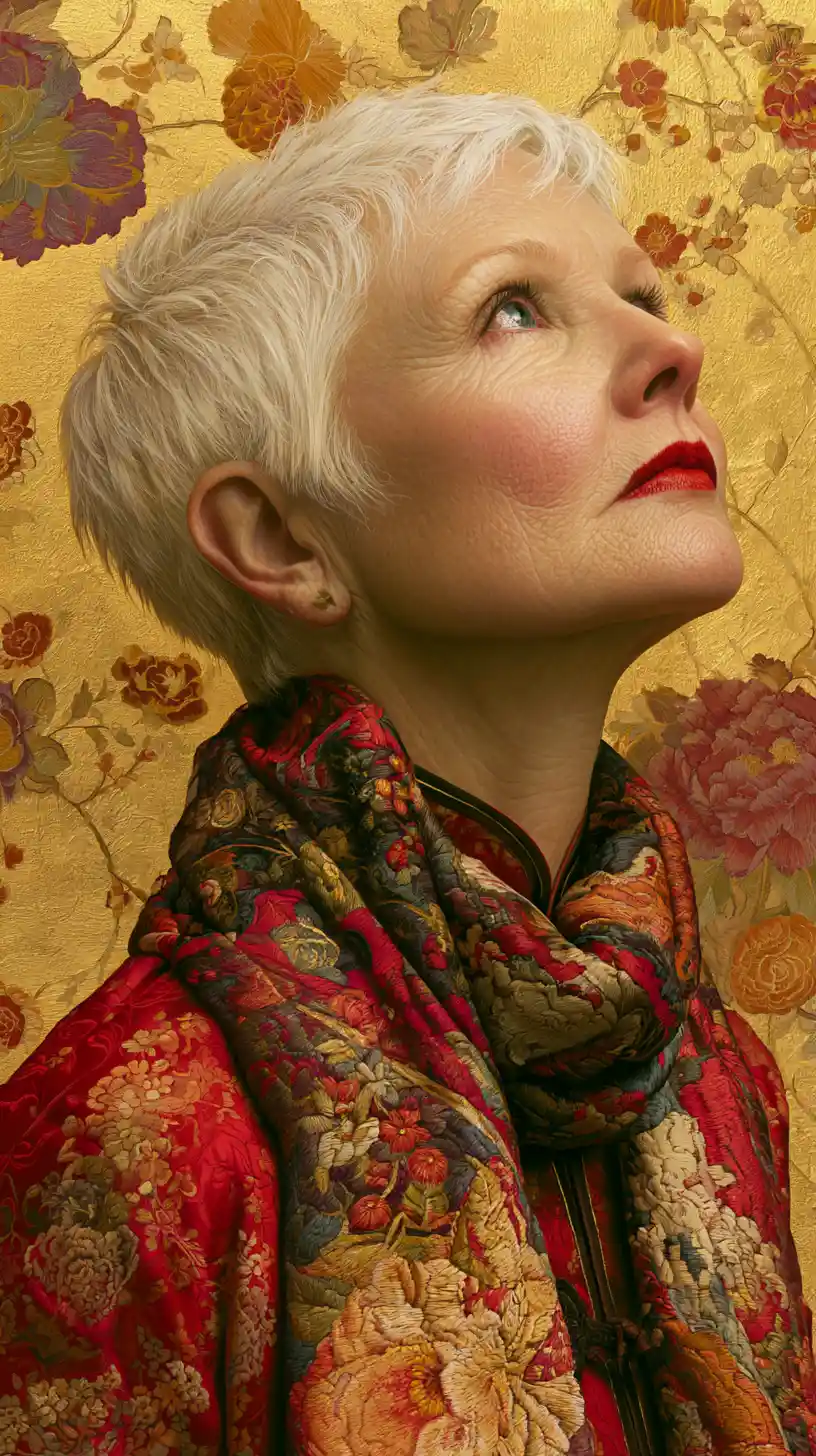 Woman with white hair against ornate gold floral background