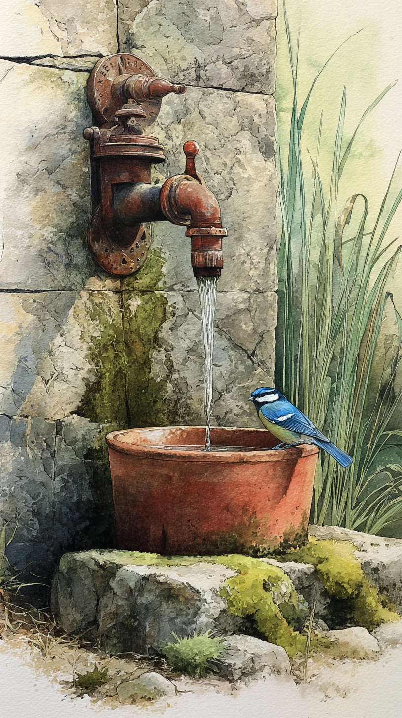 Escena de jardín en acuarela con bomba de agua vintage y pájaro