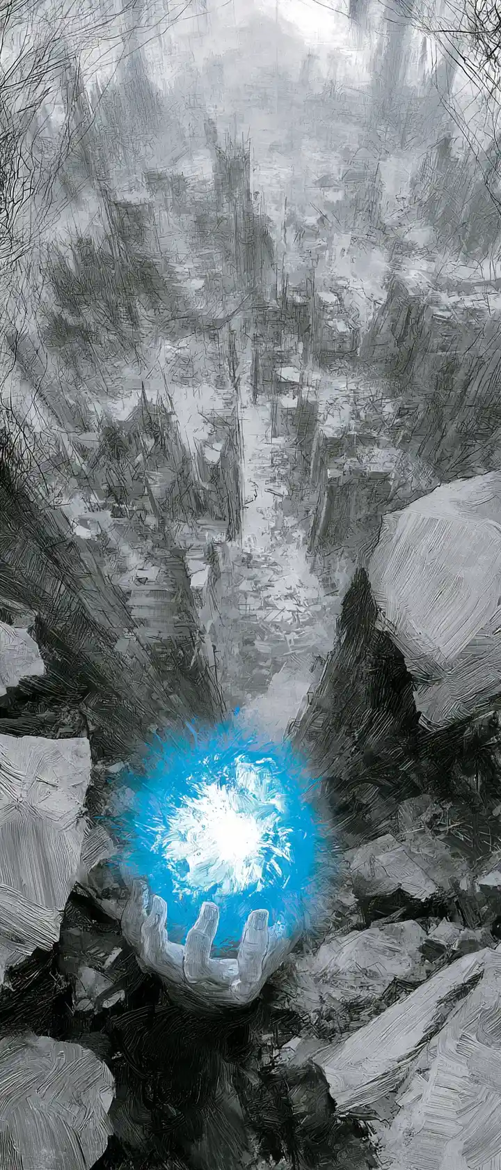 Hand Holding Glowing Orb Above Ruined Charcoal City