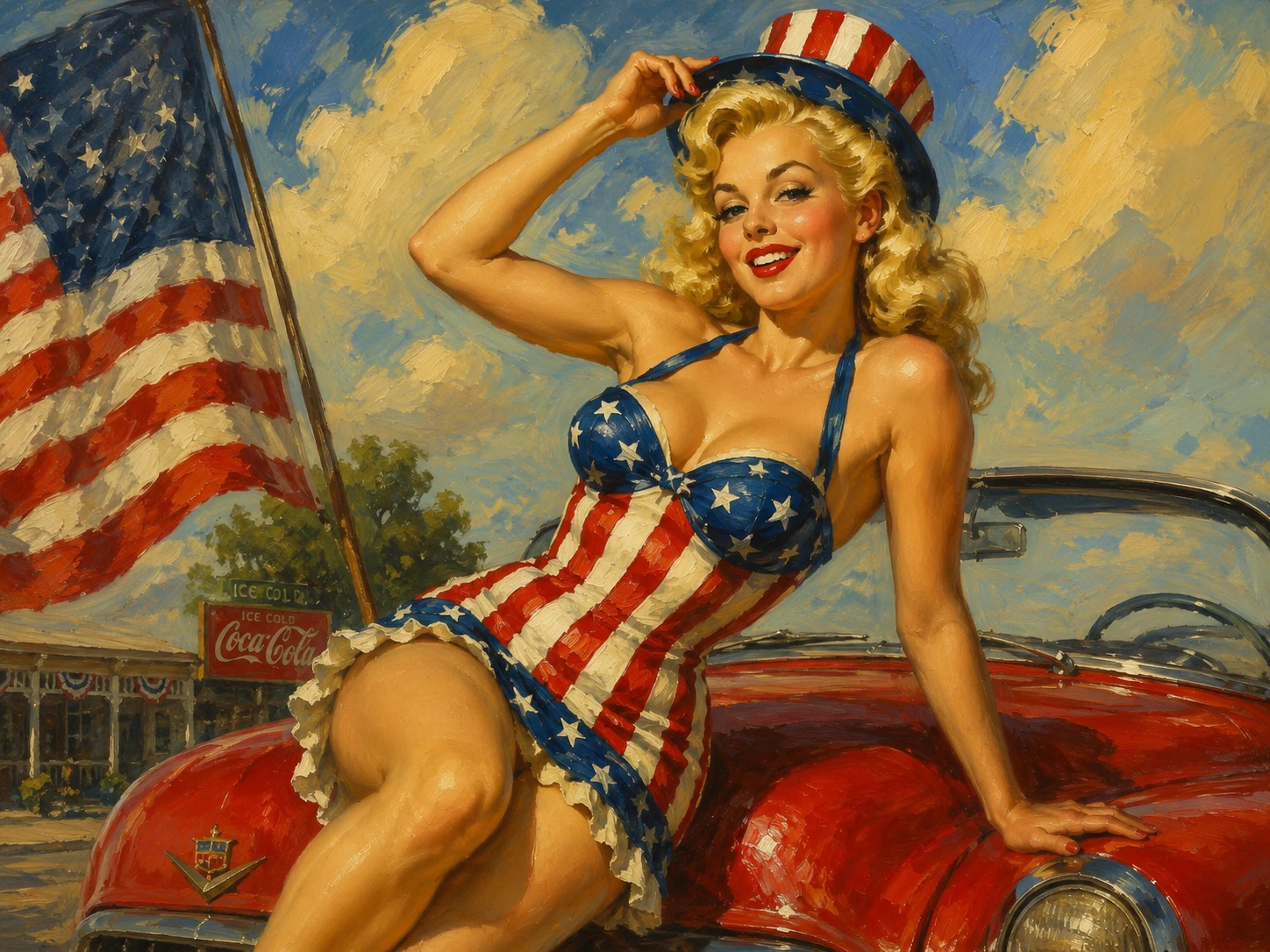 Blonde pinup woman in vintage patriotic summer outfit