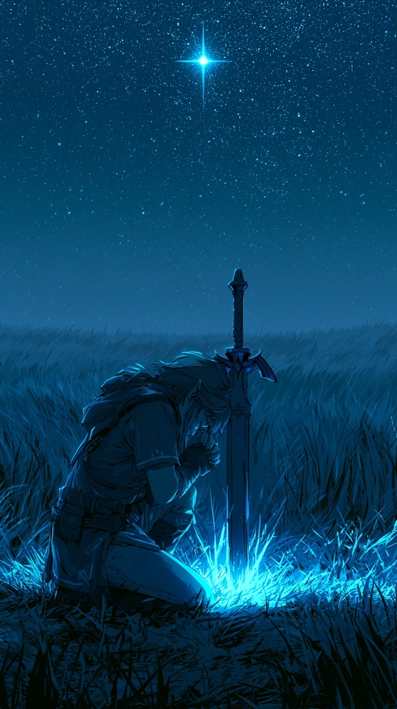 Fantasy warrior kneeling by a glowing sword under stars