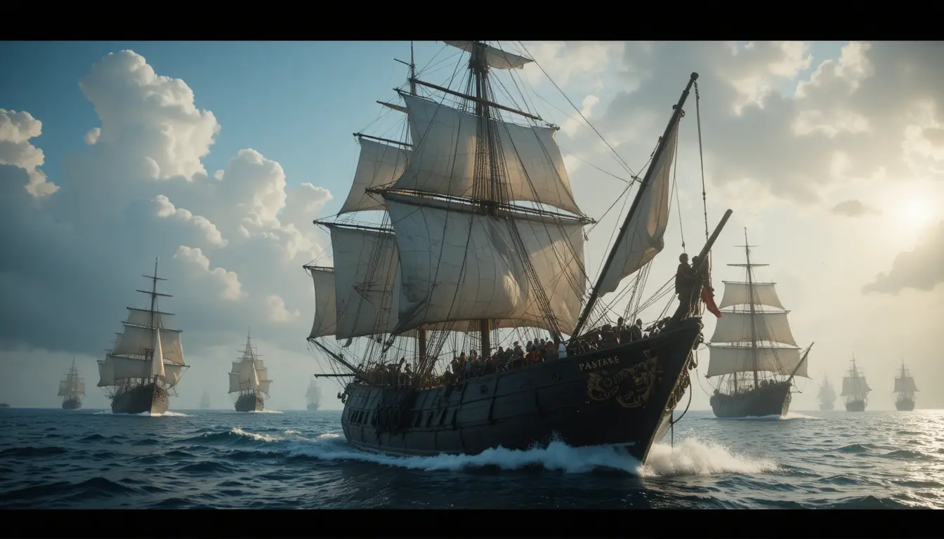 Pirate ships approach a tense crew at sea at sunrise
