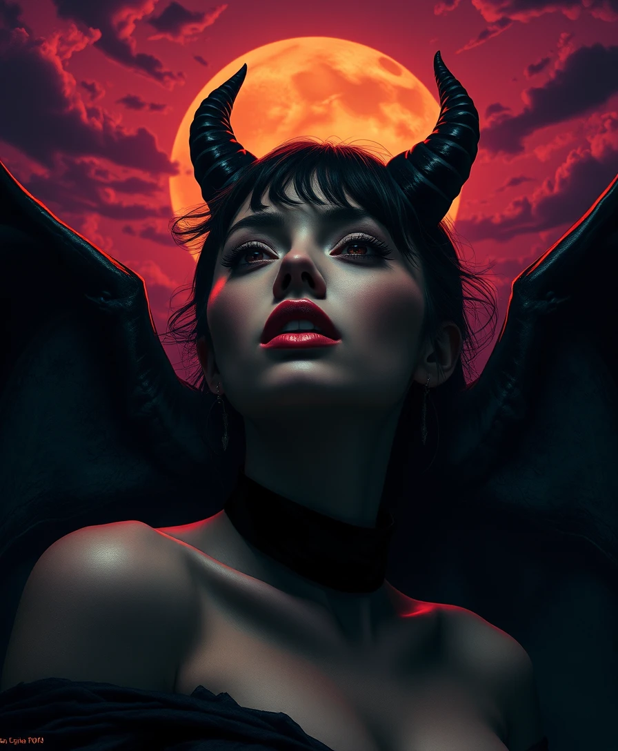 Demonic horned woman at eerie twilight in surreal portrait