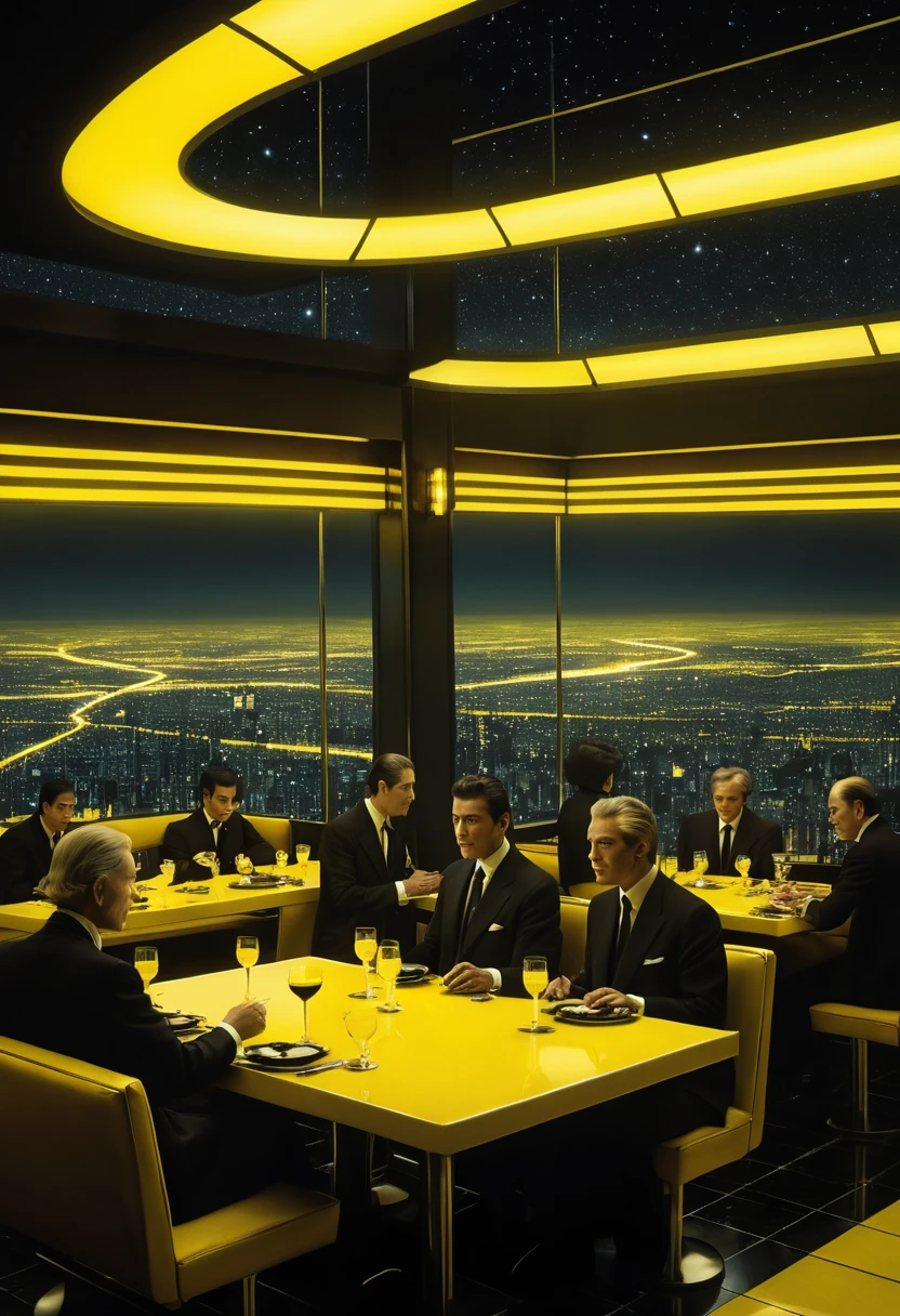 Futuristic diner crowd overlooking glowing sci fi cityscape