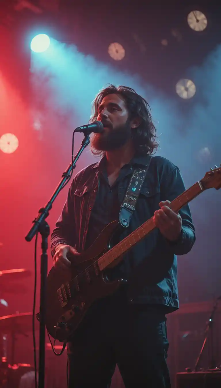 Bearded rocker playing guitar on stage in smoky lounge