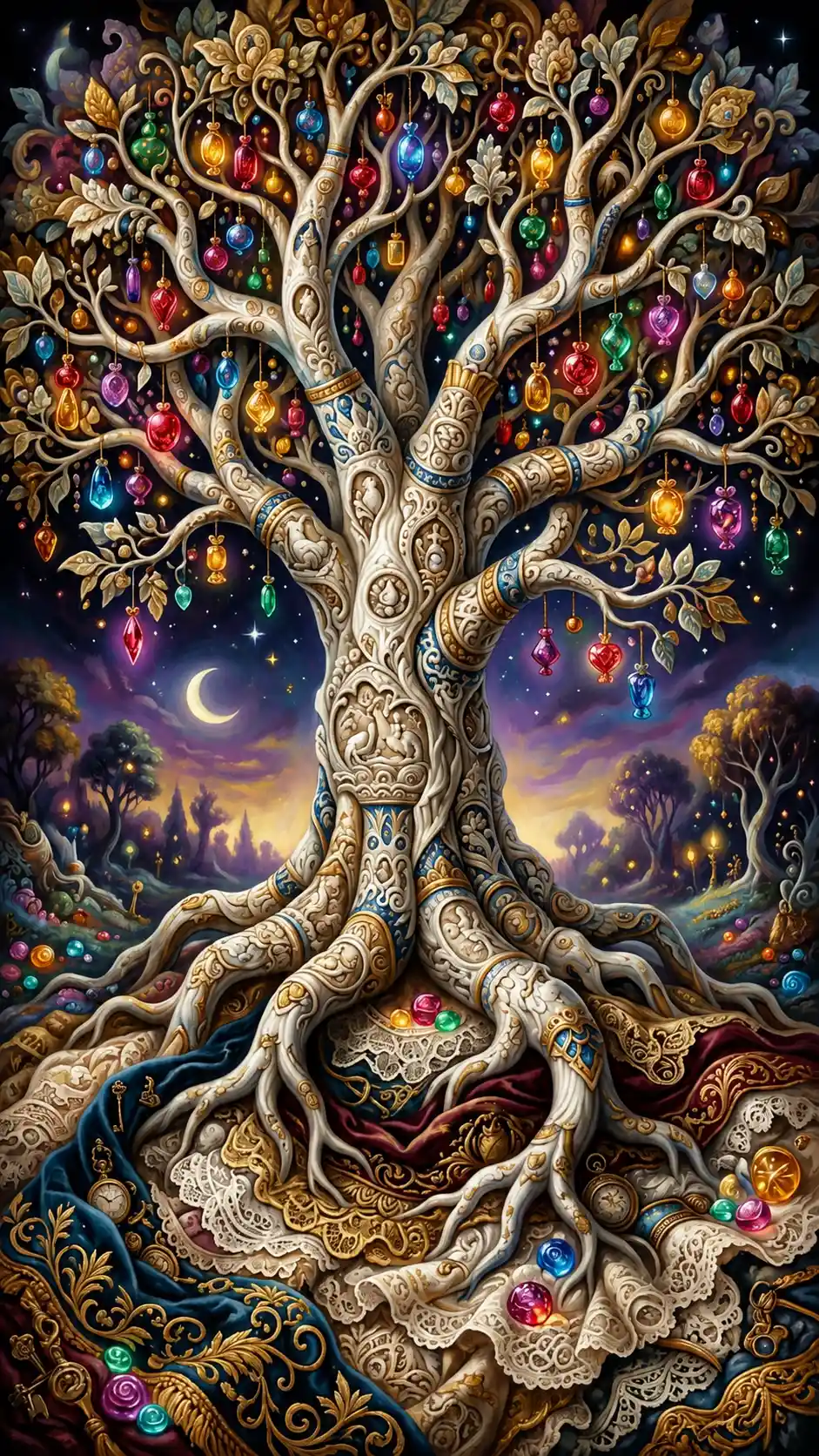 Porcelain fantasy tree with glowing candy in surreal landscape