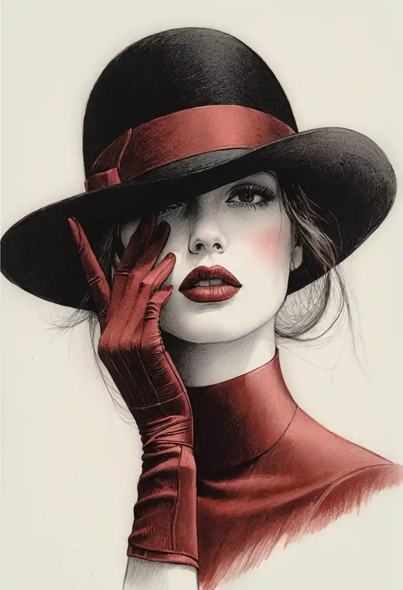 Woman in bowler hat with crimson glove covering one eye