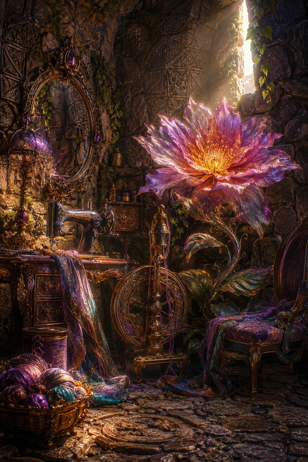 Fantasy spindle in a carved cobblestone sewing room