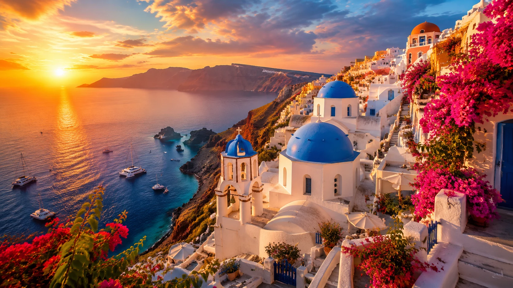 Sunrise over whitewashed Mediterranean cliffside city