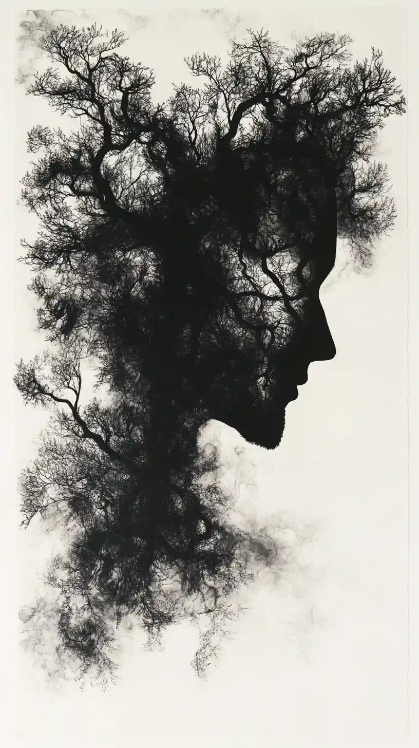 Black ink evolving into forests and animals on paper