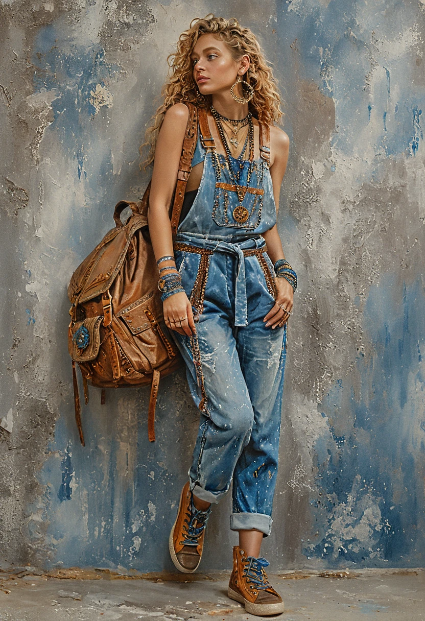 Bohemian woman in denim overalls against concrete wall