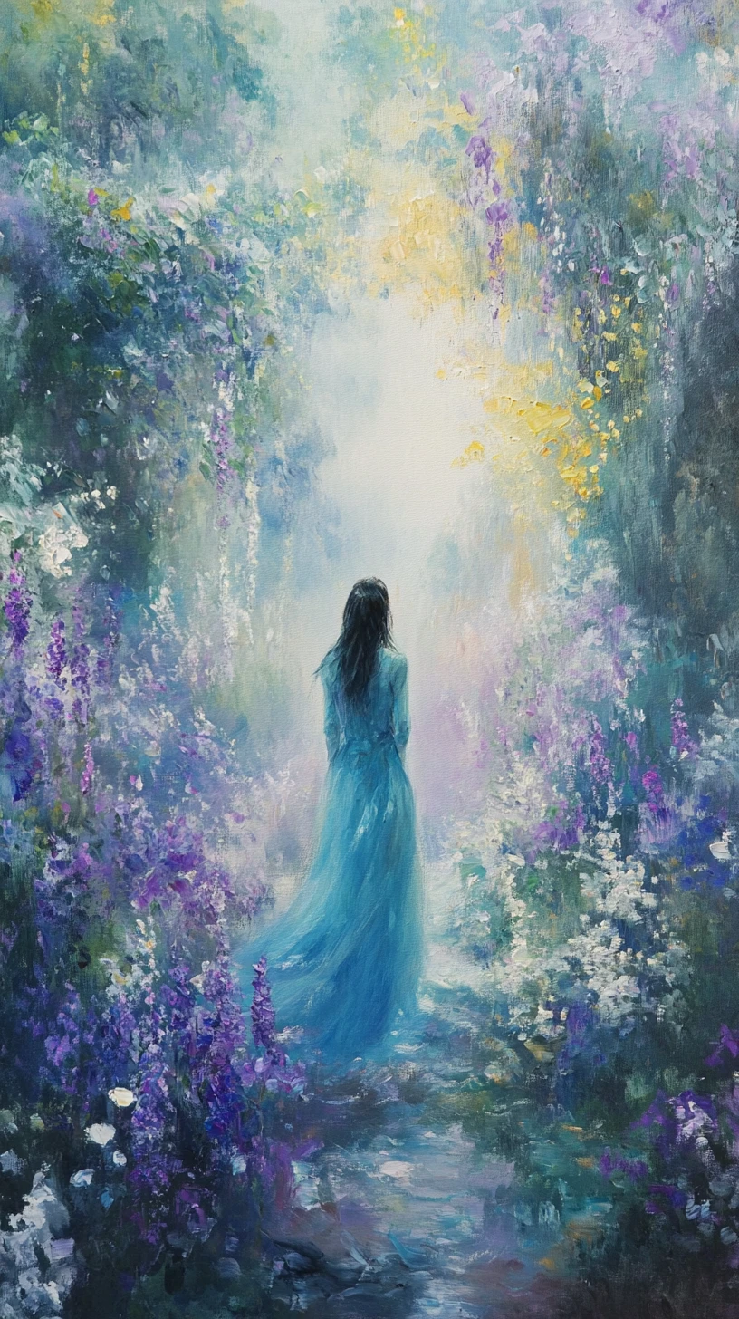Woman in turquoise gown in a dreamy flower garden