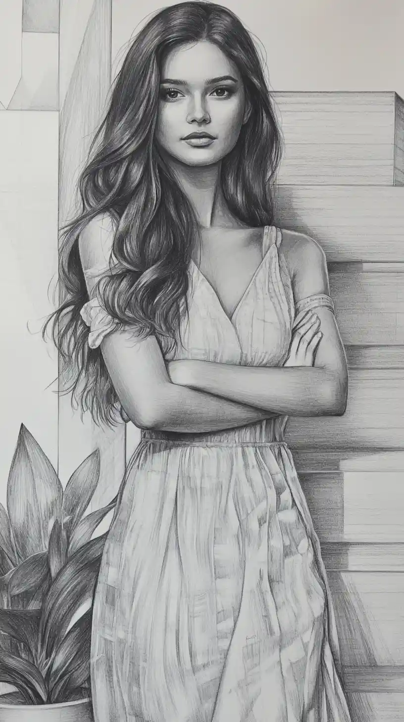 Young woman in flowing dress beside potted plant