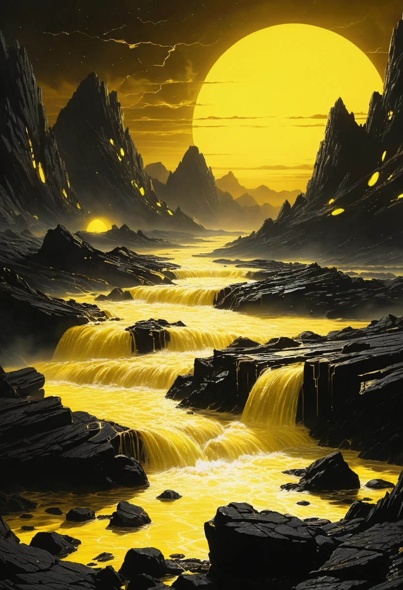 Futuristic rocky landscape with neon lit cosmic waters