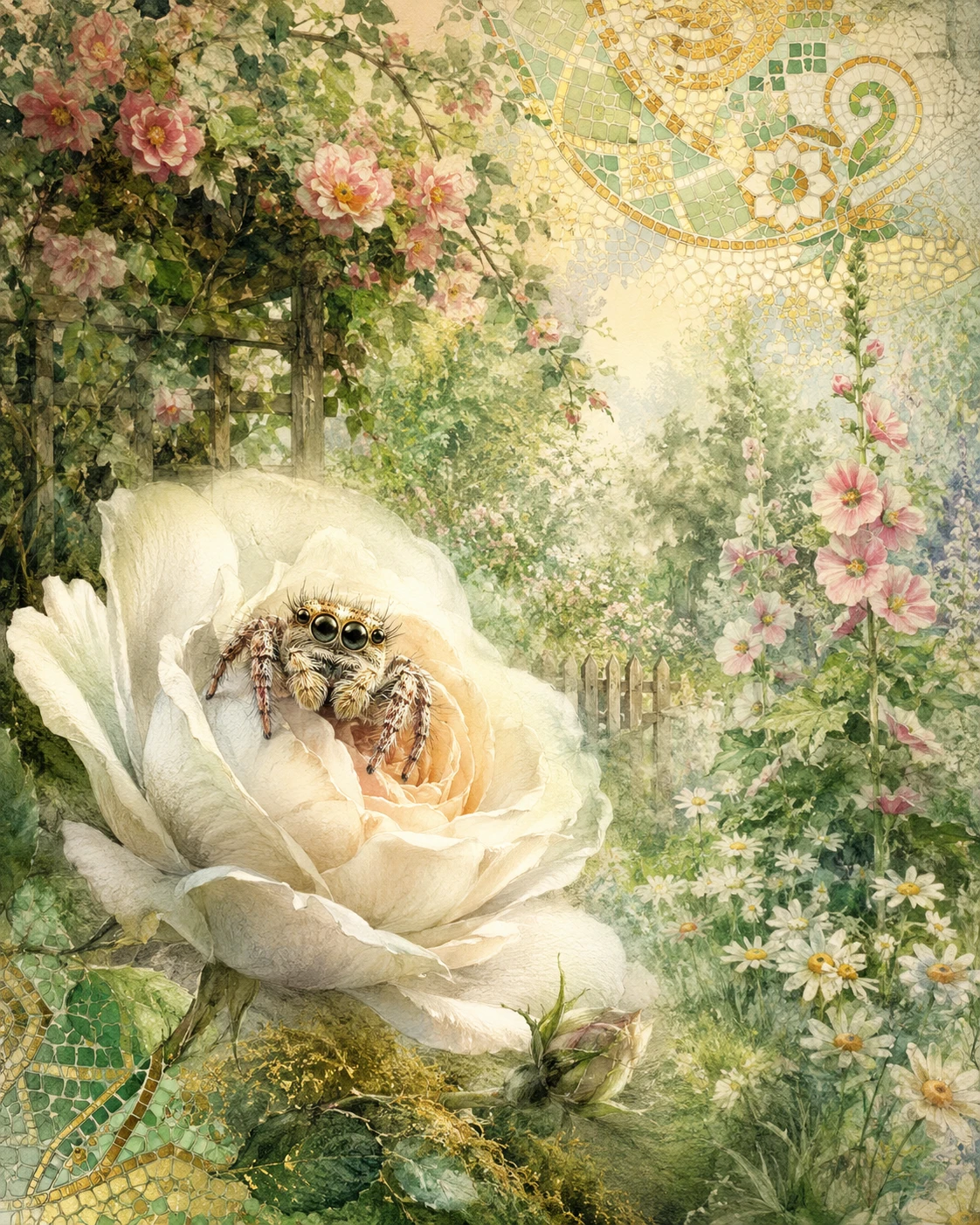 Cute jumping spider resting on a white rose bloom