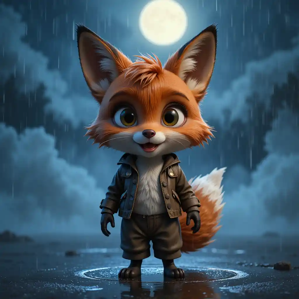 Small fox in the rain under a glowing full moon