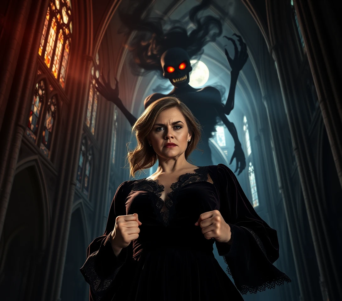 Angry woman in a gothic cathedral facing a shadowy demon