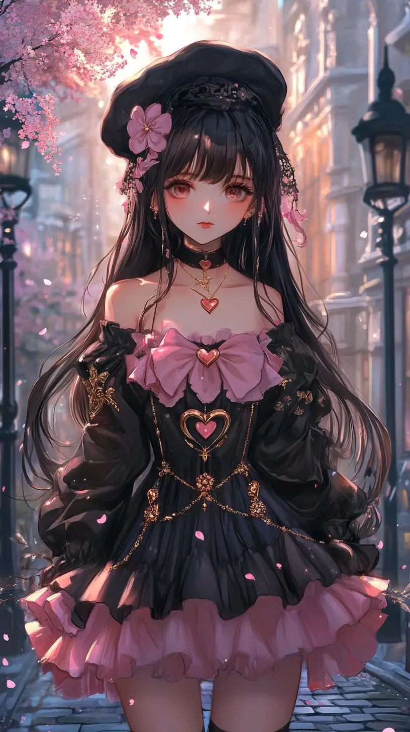 Ragazza anime gotica sotto i petali di ciliegio che cadono