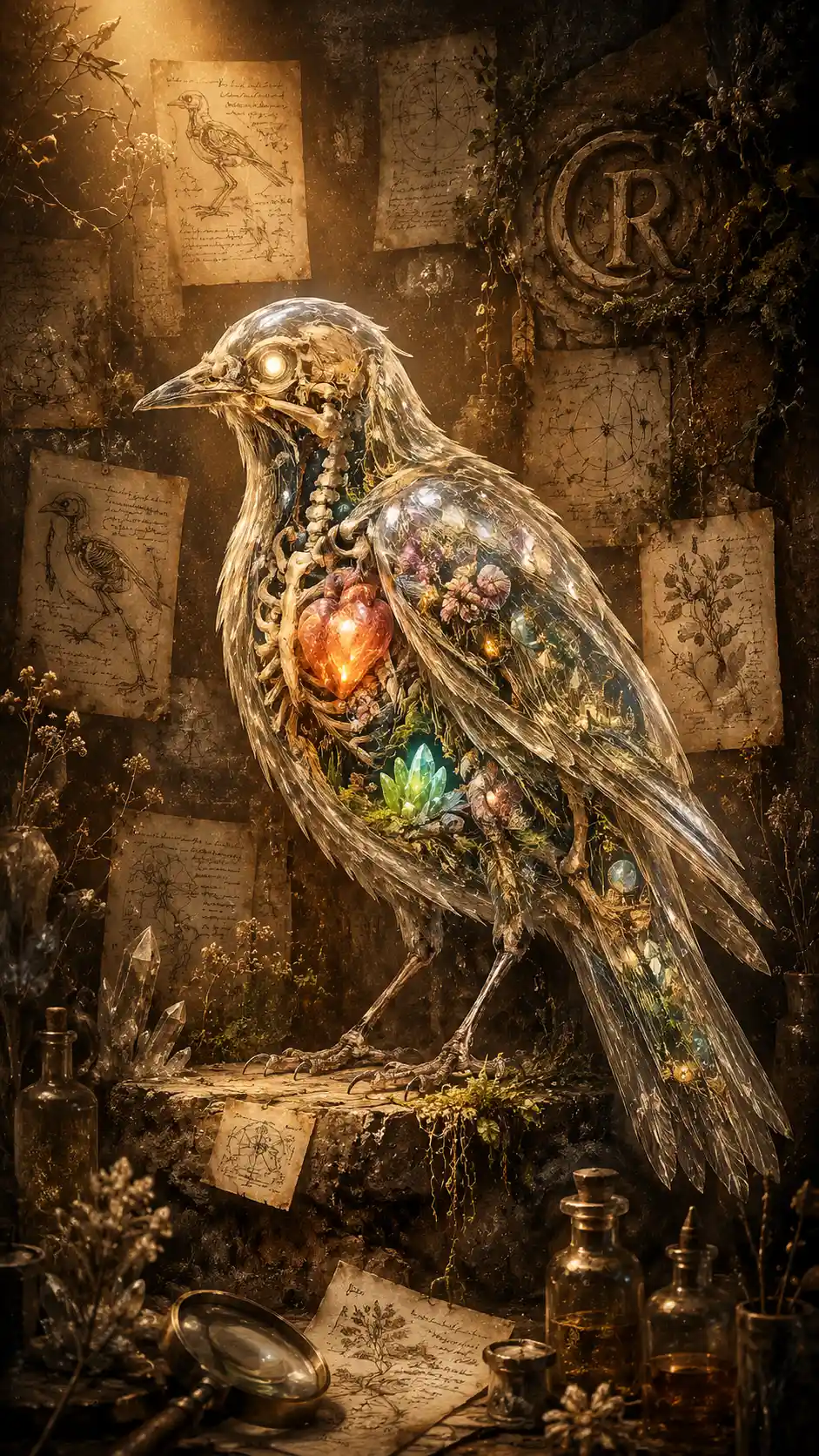 Transparent botanical bird with crystal organs and diagrams