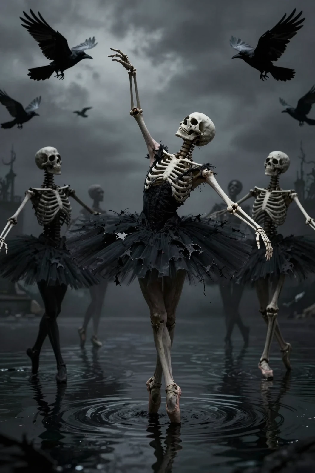 Macabre skeletal ballet dancer in a dark gothic landscape
