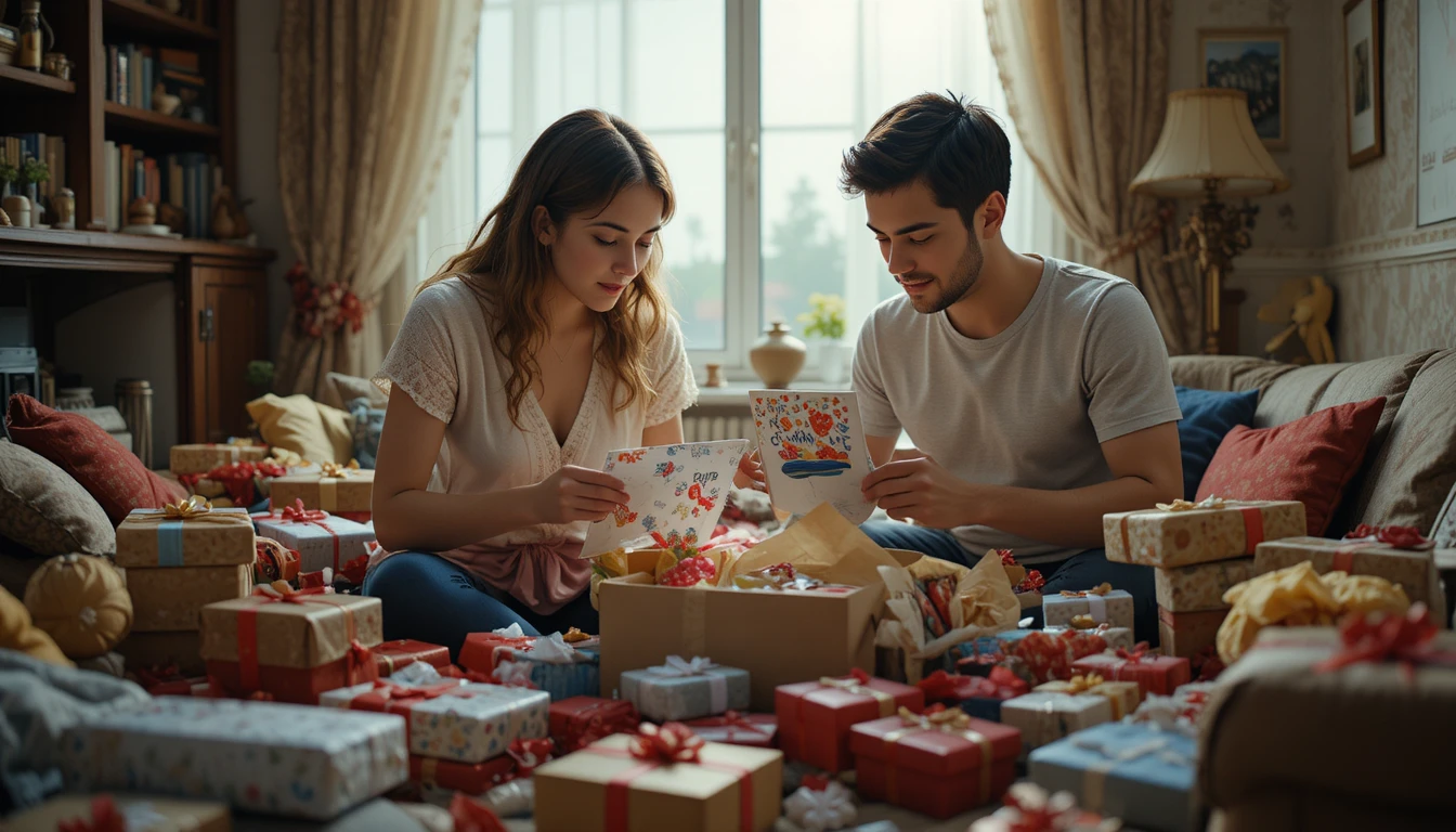 Young couple unpack wedding gifts in their cozy home