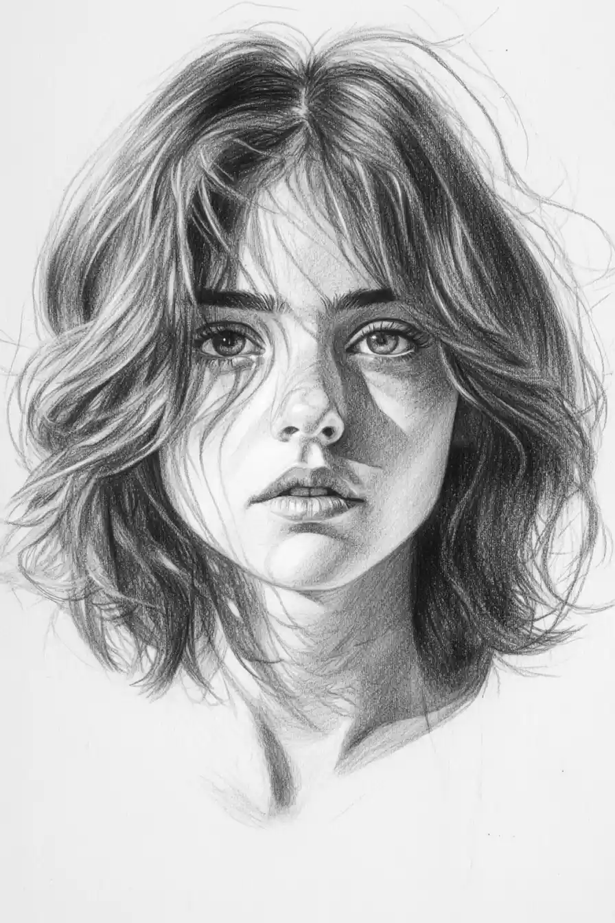 Melancholic pencil portrait with dramatic chiaroscuro shadows