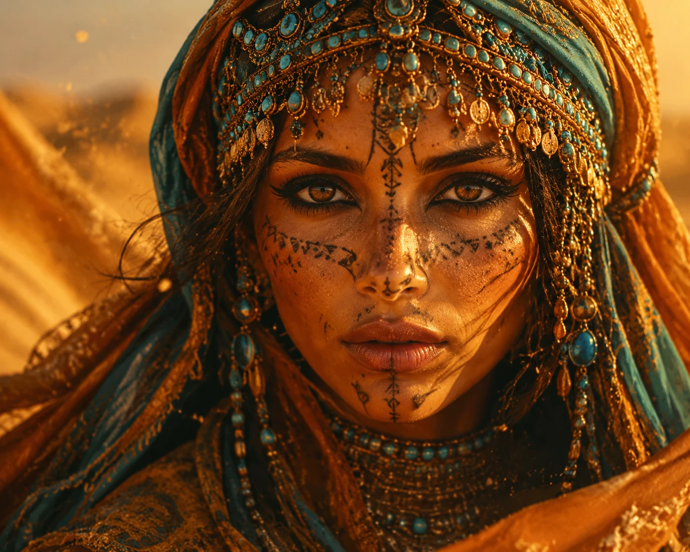 Desert queen close up with jeweled headdress and tattoos