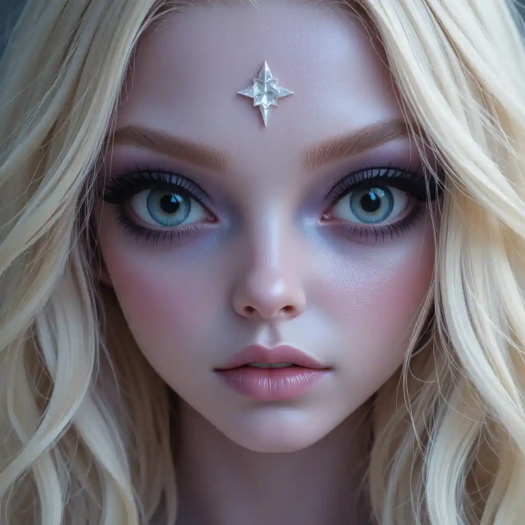 Friendly lavender skinned alien woman with large black eyes