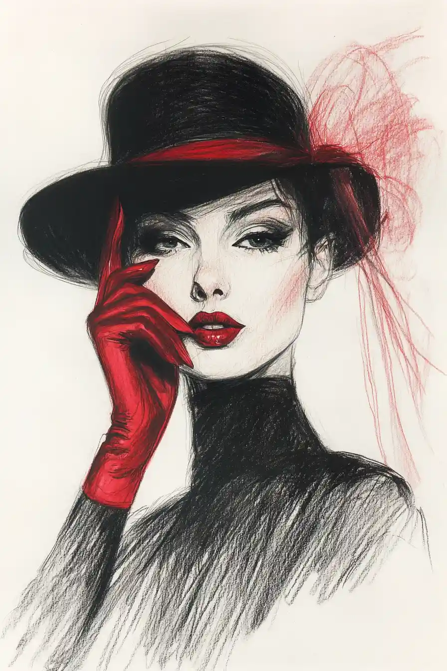 Woman in bowler hat with crimson glove pencil portrait